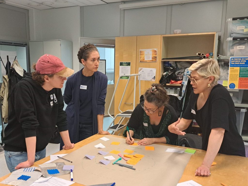 Finnish costume professionals Hugo Enkenberg, Heli Salomaa, Susanna Suurla and Marjaana Karhula discussing technology adoption stakeholders at one of the TICP co-design workshops, June 2025.